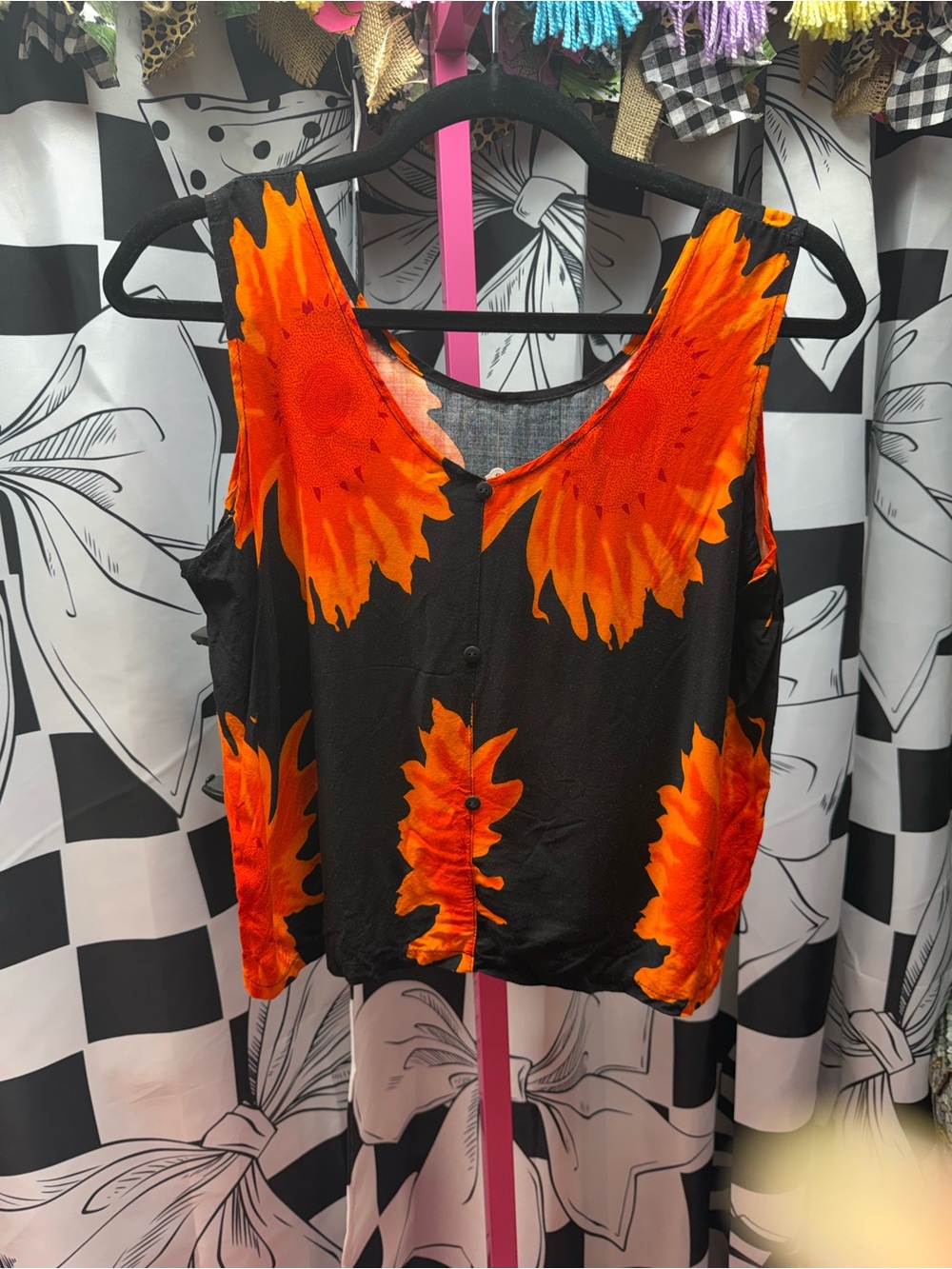 Black Tank Top with Vibrant Orange Sunflower Print